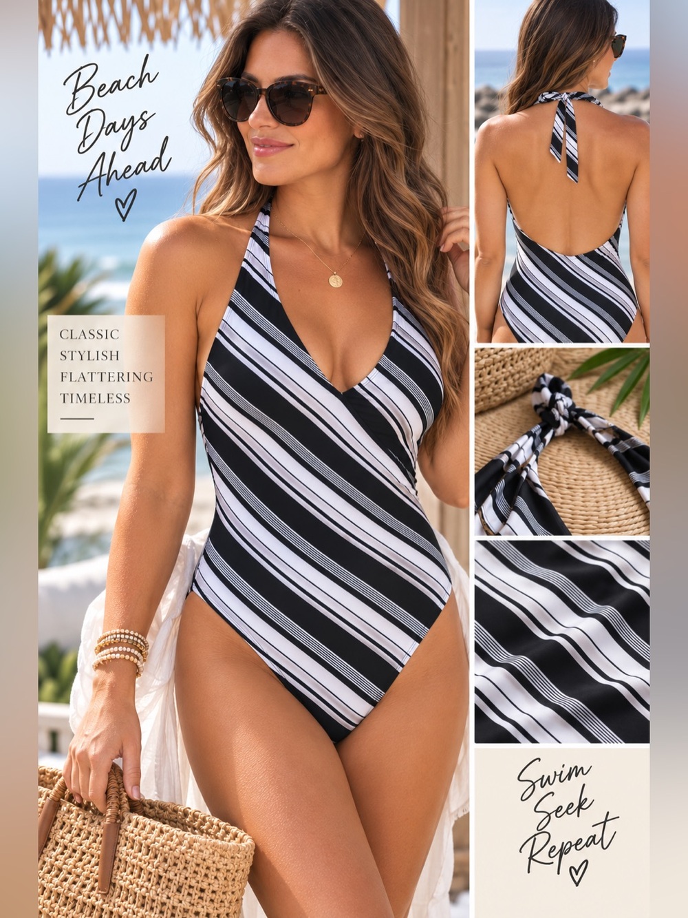 Newport News Black and White Striped Halter One-Piece Swimsuit